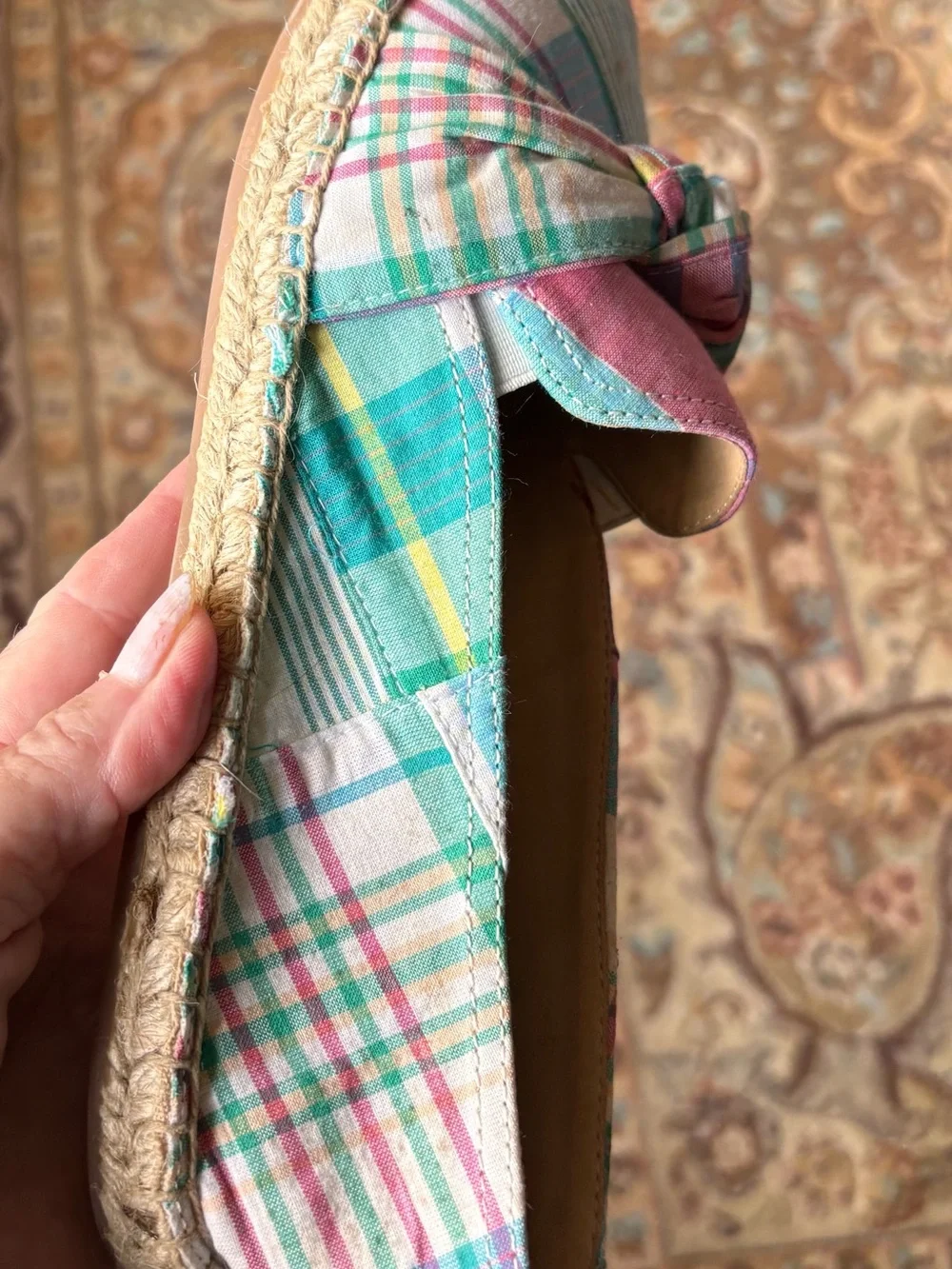 Talbots Pastel Plaid Knot-Top Espadrilles in Pink and Teal
